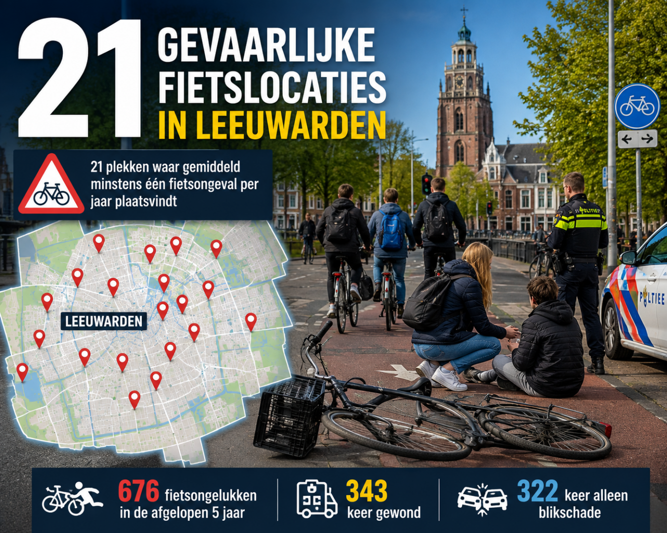 Afgelopen vijf jaar bijna zevenhonderd fietsongelukken in Leeuwarden, dit zijn de gevaarlijkste plekken