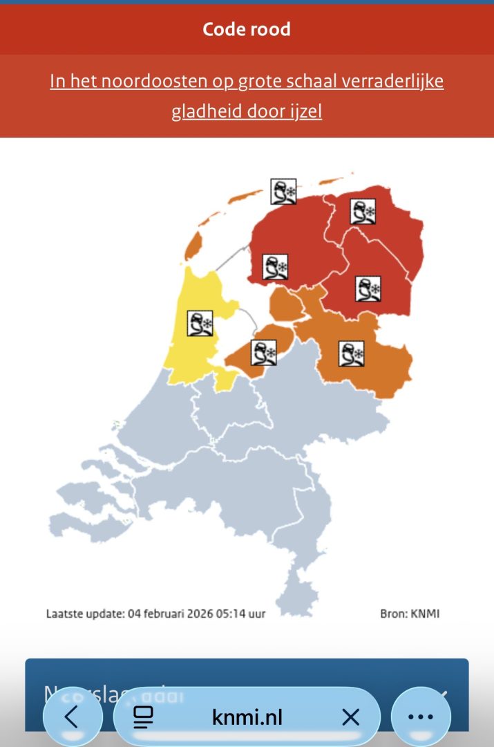 NL-Alert waarschuwt voor code rood: blijf binnen vanwege extreme gladheid